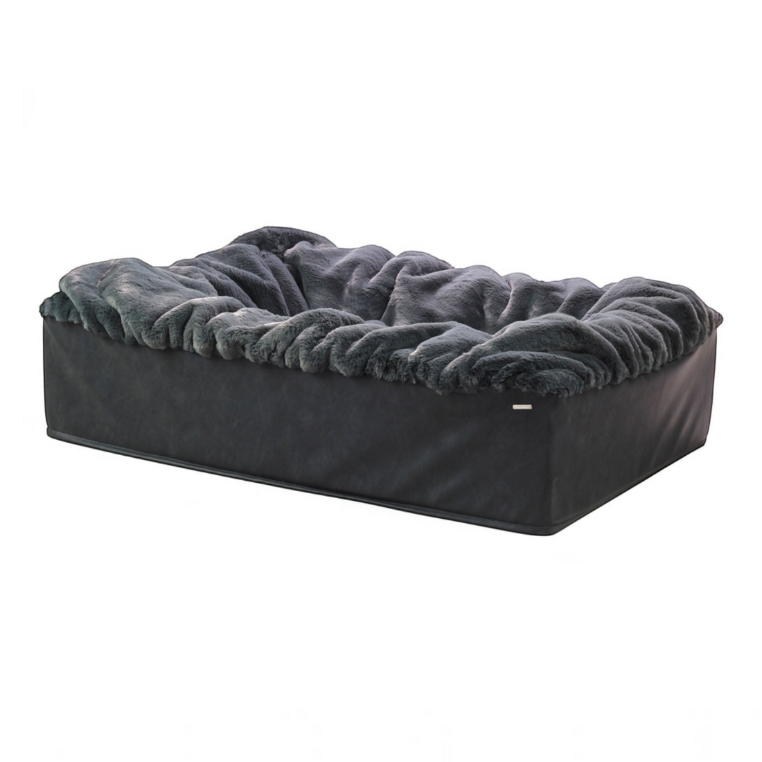 havaneser.shop Buddelbox Hundebett aus schwarzem Kunstleder mit flauschigem grauem Webpelz für hohen Liegekomfort