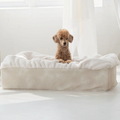 havaneser.shop Buddelbox Hundebett aus weichem Webpelz mit beigem Stoffbezug und Pudel in einem hellen Raum