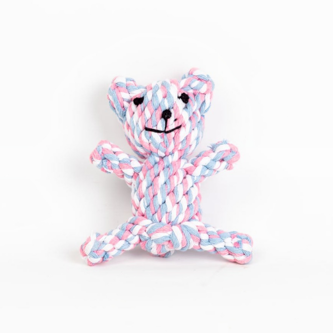 havaneser.shop Seilspielzeug Bär aus gedrehtem Baumwollseil in Rosa, Blau und Weiß für kleine Hunde