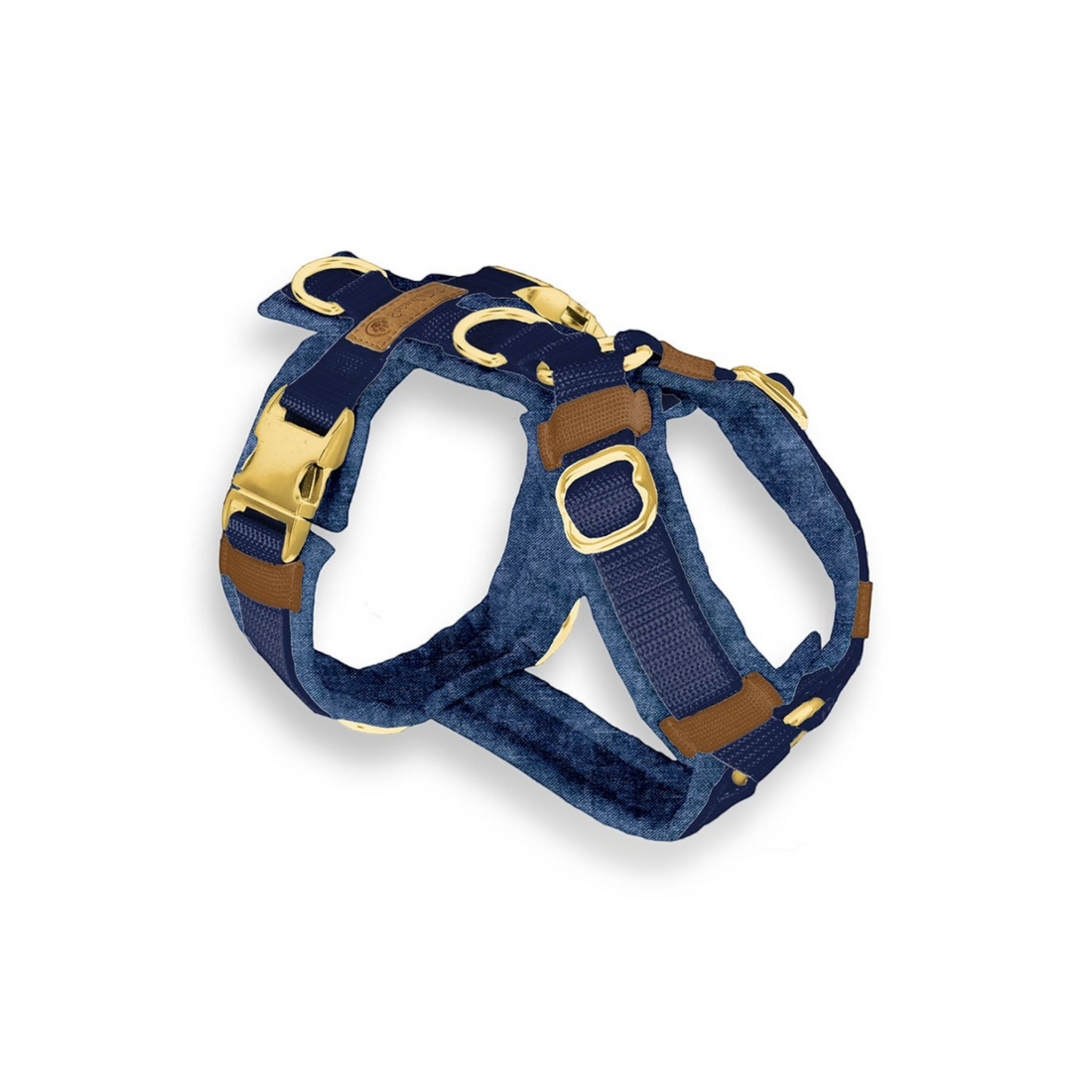 havaneser.shop Softshell Y-Geschirr in Jeans-Optik mit verstellbaren Riemen und goldenen Metallringen für Hunde