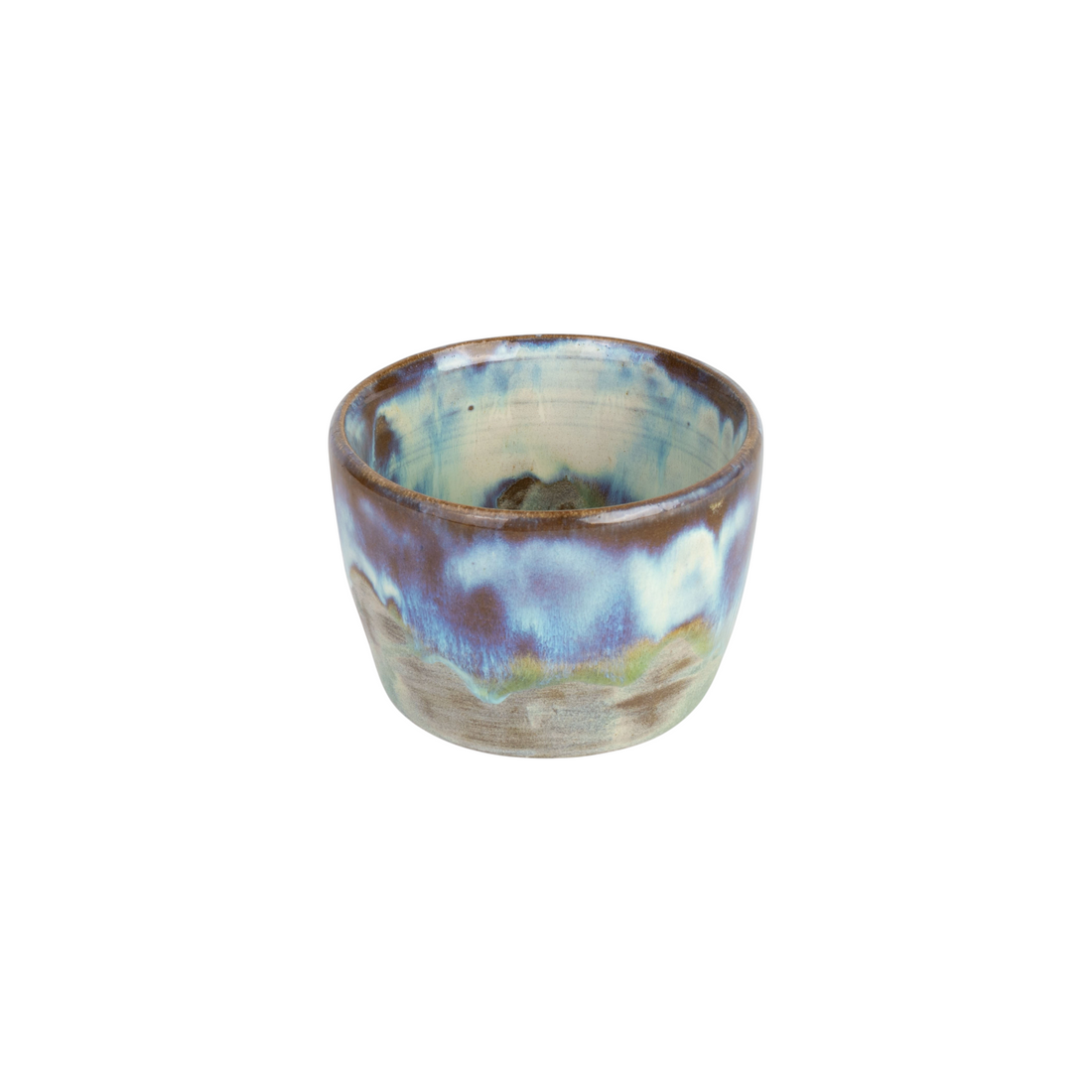 Handgefertigter havaneser.shop Galaxy Glaze Becher mit einzigartiger blau-grüner Keramikglasur auf weißem Grund