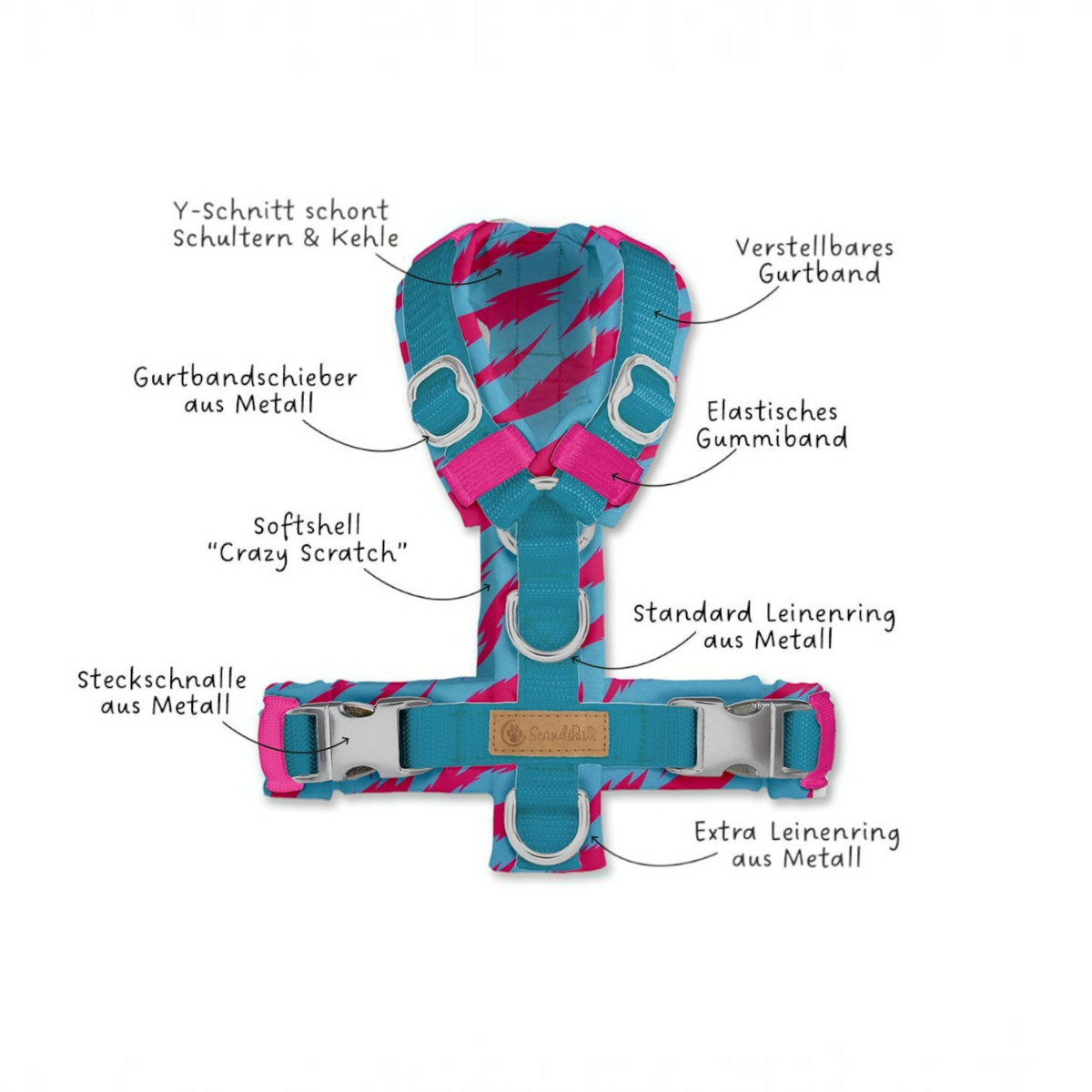 havaneser.shop Softshell Y-Geschirr Retro mit pink-blauem Muster, anatomischem Schnitt und Metall-Leinenringen