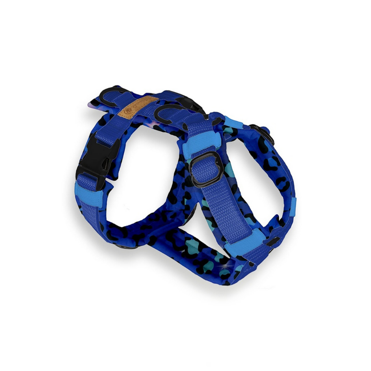 havaneser.shop Softshell Y-Geschirr in Blau mit buntem Leopardenmuster, anatomisch geformt und verstellbar