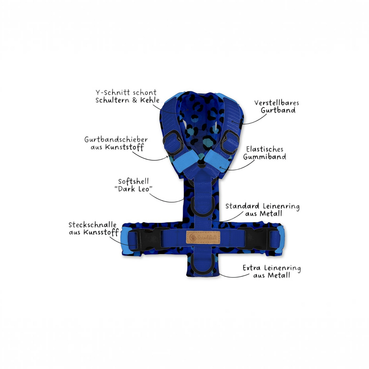 havaneser.shop Softshell Y-Geschirr in Blau mit Wild Bunt Leo-Muster, anatomischer Schnitt mit zwei Leinenringen