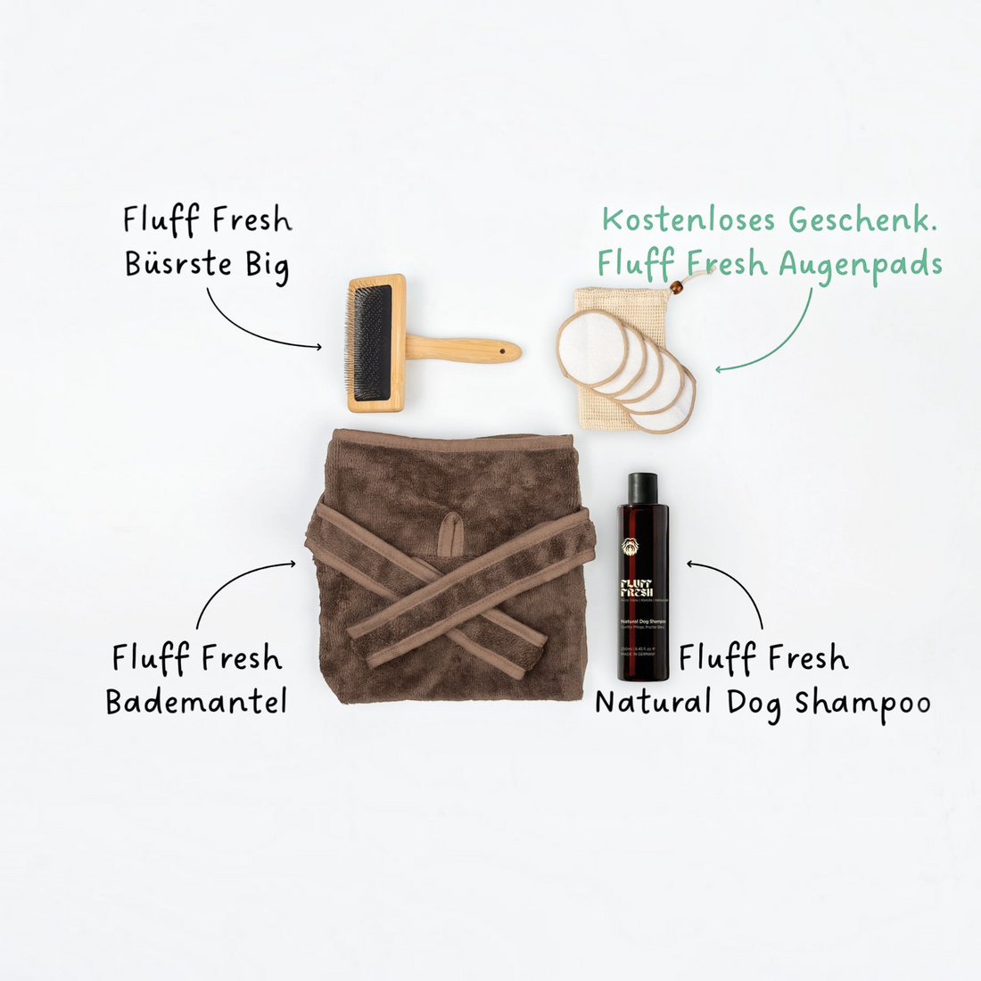 havaneser.shop Fluff Fresh Pflege Bundle mit Hundeshampoo, braunem Bademantel, Holzbürste und waschbaren Augenpads