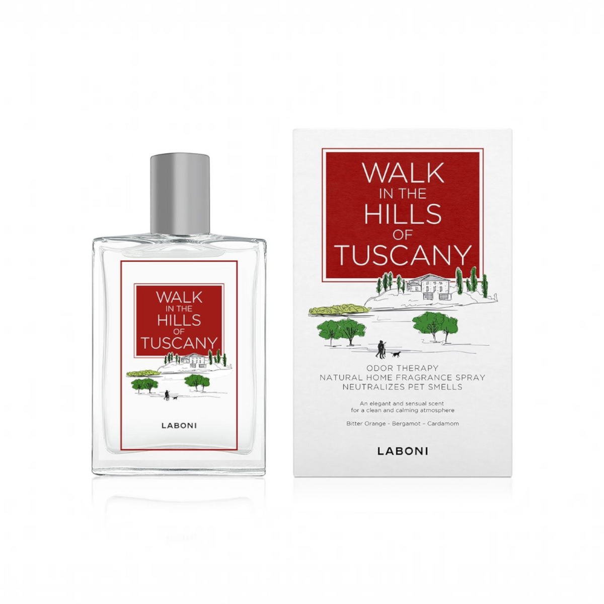 havaneser.shop Raumduft Walk in the Hills of Tuscany in eleganter Glasflasche mit passender weißer Produktverpackung