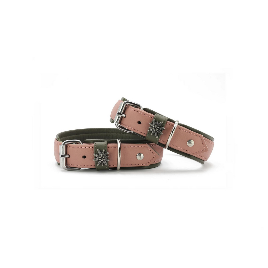 havaneser.shop Lederhalsband in Altrosa und Olivgrün mit Edelweiß-Emblem und weicher Polsterung im Alpenstil