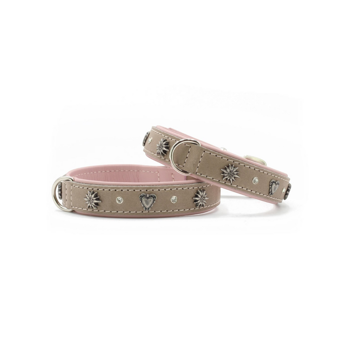 havaneser.shop Lederhalsband Herz in Beige und Rosa mit Herzmotiven, Kristallen und Edelweiß-Applikationen