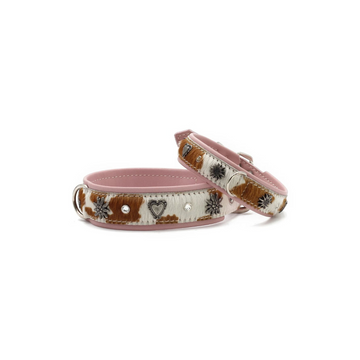 havaneser.shop Lederhalsband aus Kuhfell mit rosa Nappaleder, Edelweiß-Applikationen und Herz-Elementen