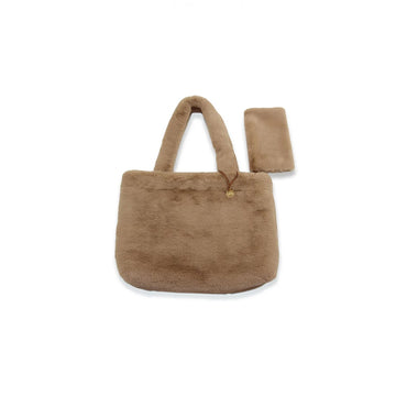 havaneser.shop Shopper Handtasche in Braun aus flauschigem Material mit abnehmbarem Mini-Etui und goldenen Akzenten