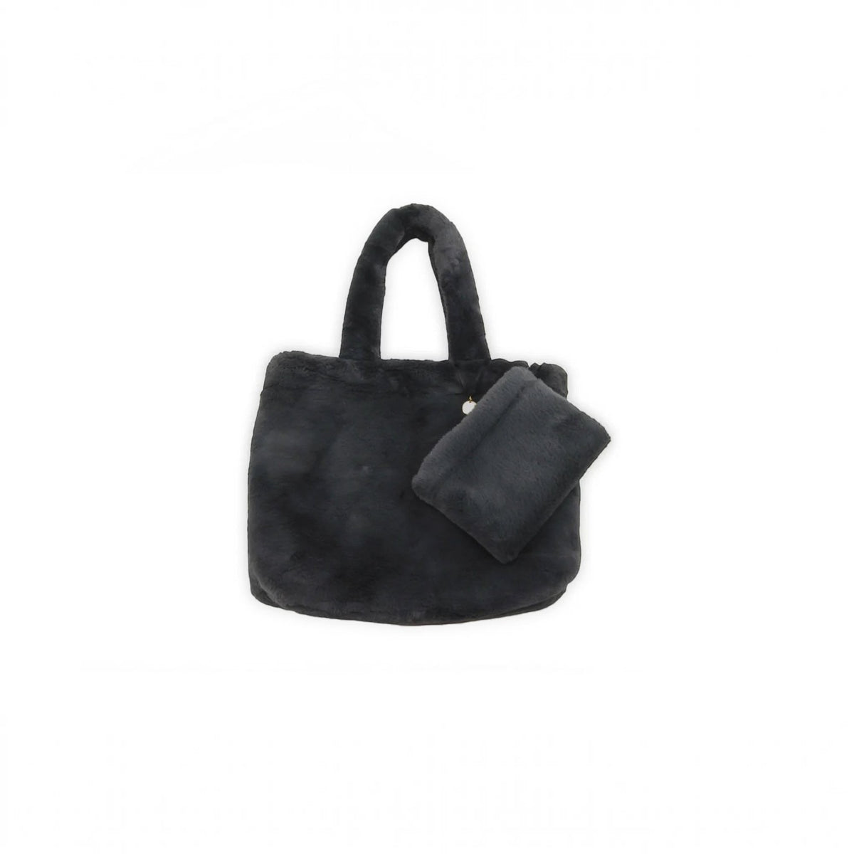 havaneser.shop Shopper Handtasche in Dunkelgrau aus flauschigem Material mit abnehmbarem Mini-Etui und goldenem Detail