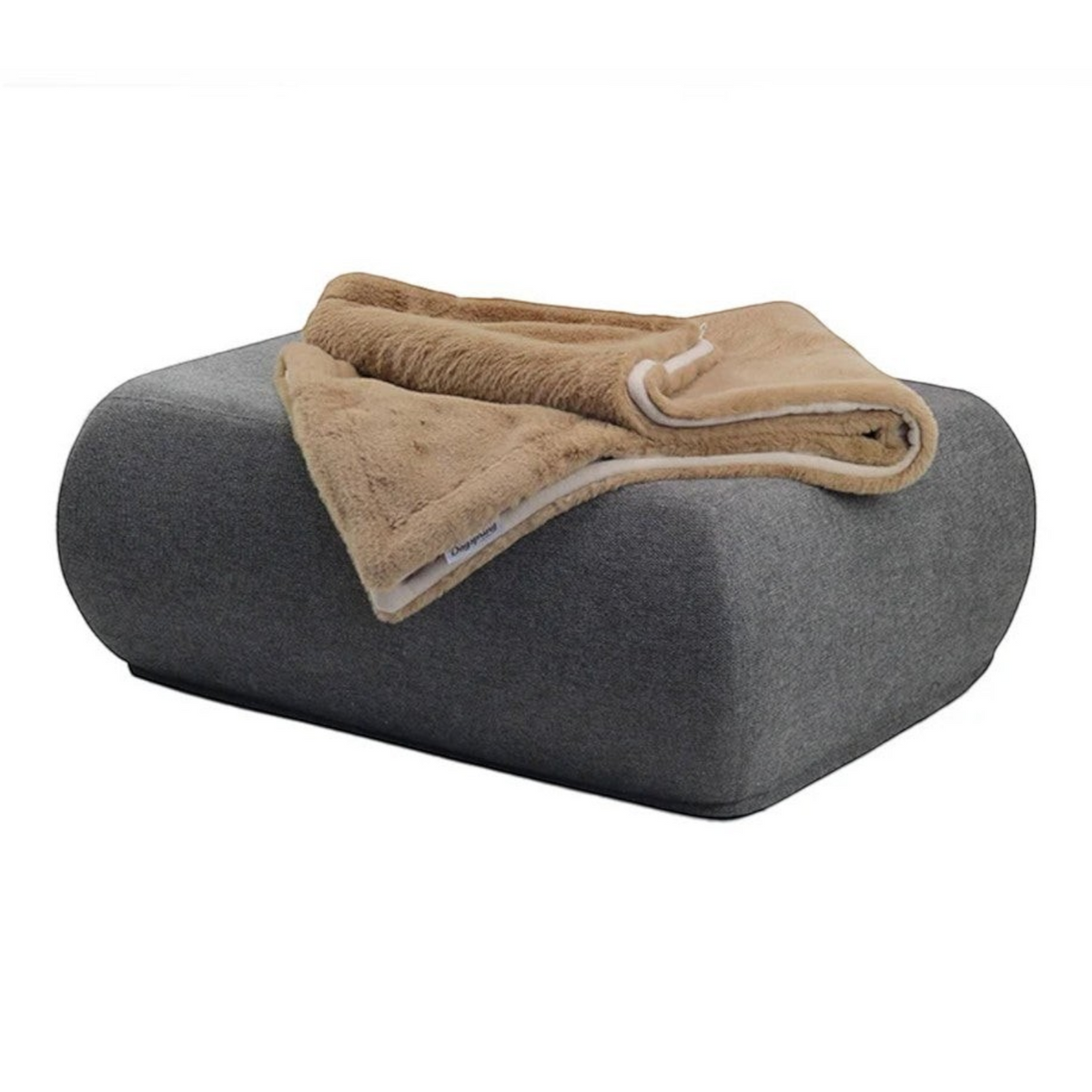 havaneser.shop Wohndecke aus beigem Webpelz mit weicher Fleece-Unterseite auf einem grauen Polsterhocker