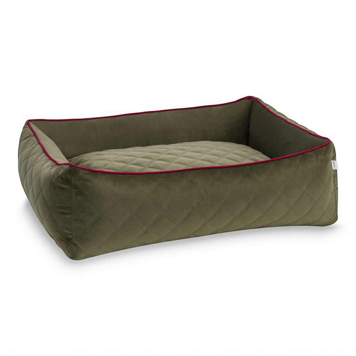 havaneser.shop Hundebett Oxford in Olivgrün mit gestepptem Stoff und elegantem dunkelrotem Keder
