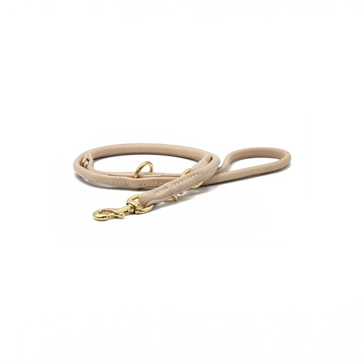 havaneser.shop rundgenähte Lederleine in Beige mit eleganten goldfarbenen Messingbeschlägen und 3-fach Verstellung