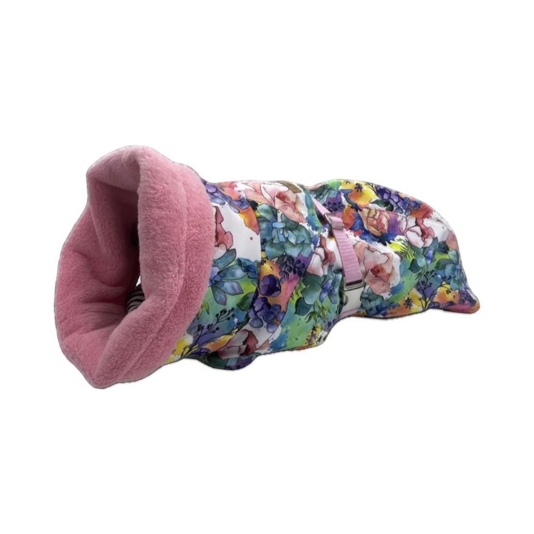 havaneser.shop Cozy Chic Hundemantel mit buntem Blumenmuster, rosa Innenfutter und verstellbarem Bauchgurt