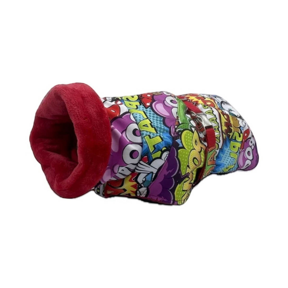 havaneser.shop Cozy Chic Hundemantel mit buntem Comic-Muster und weichem rotem Innenfutter für kalte Wintertage