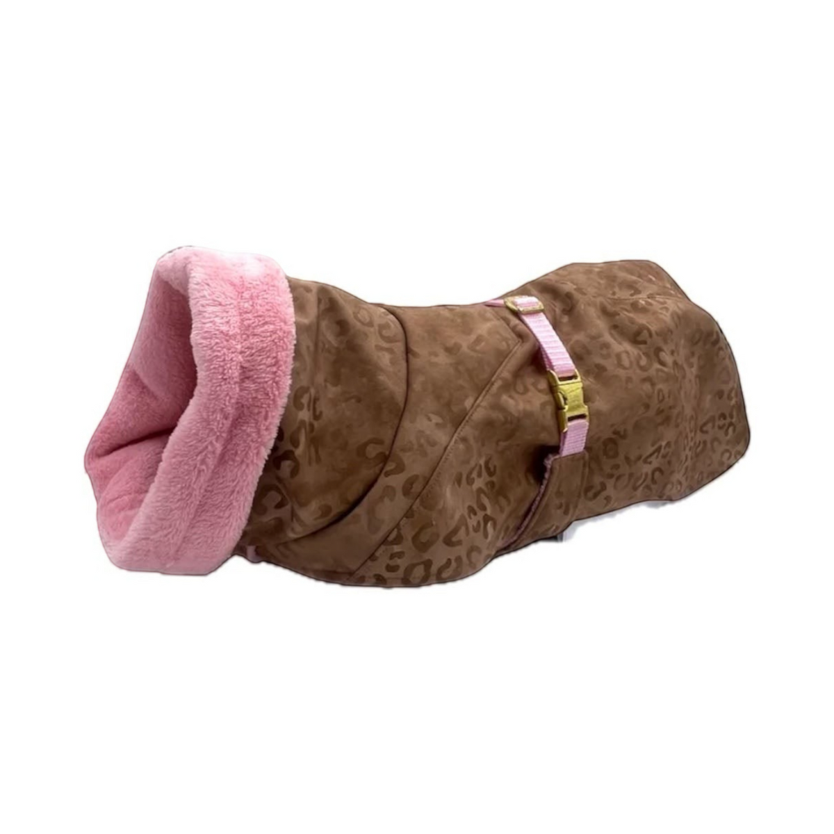 havaneser.shop Cozy Chic Hundemantel in Braun mit Leopardenmuster, rosa Plüschfutter und verstellbarem Bauchgurt