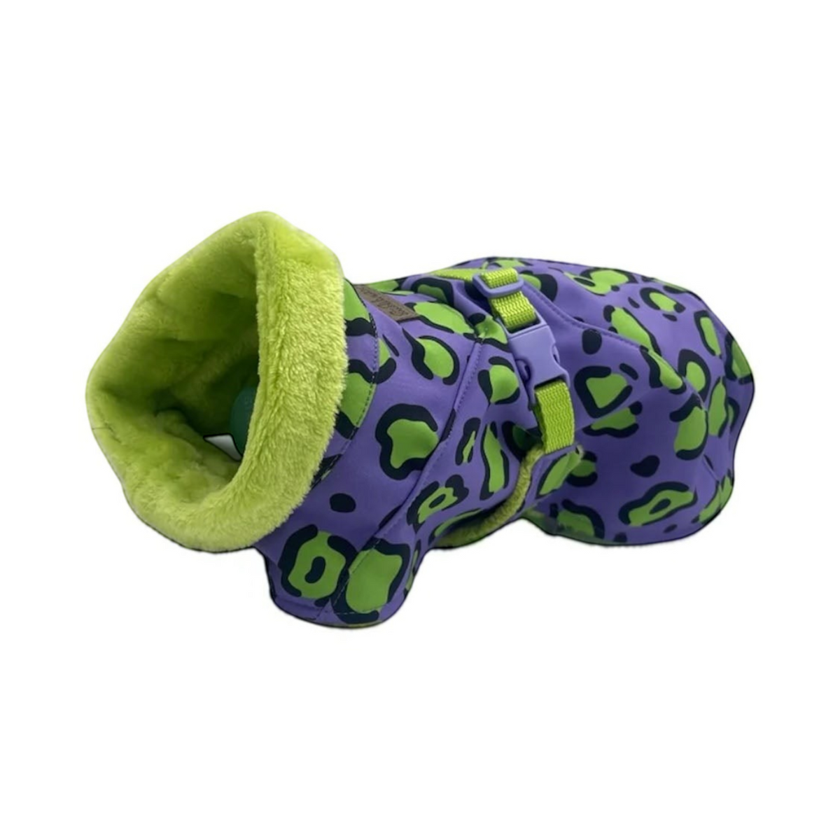 havaneser.shop Cozy Chic Hundemantel mit lila-grünem Leopardenmuster, weichem Innenfutter und verstellbarem Bauchgurt