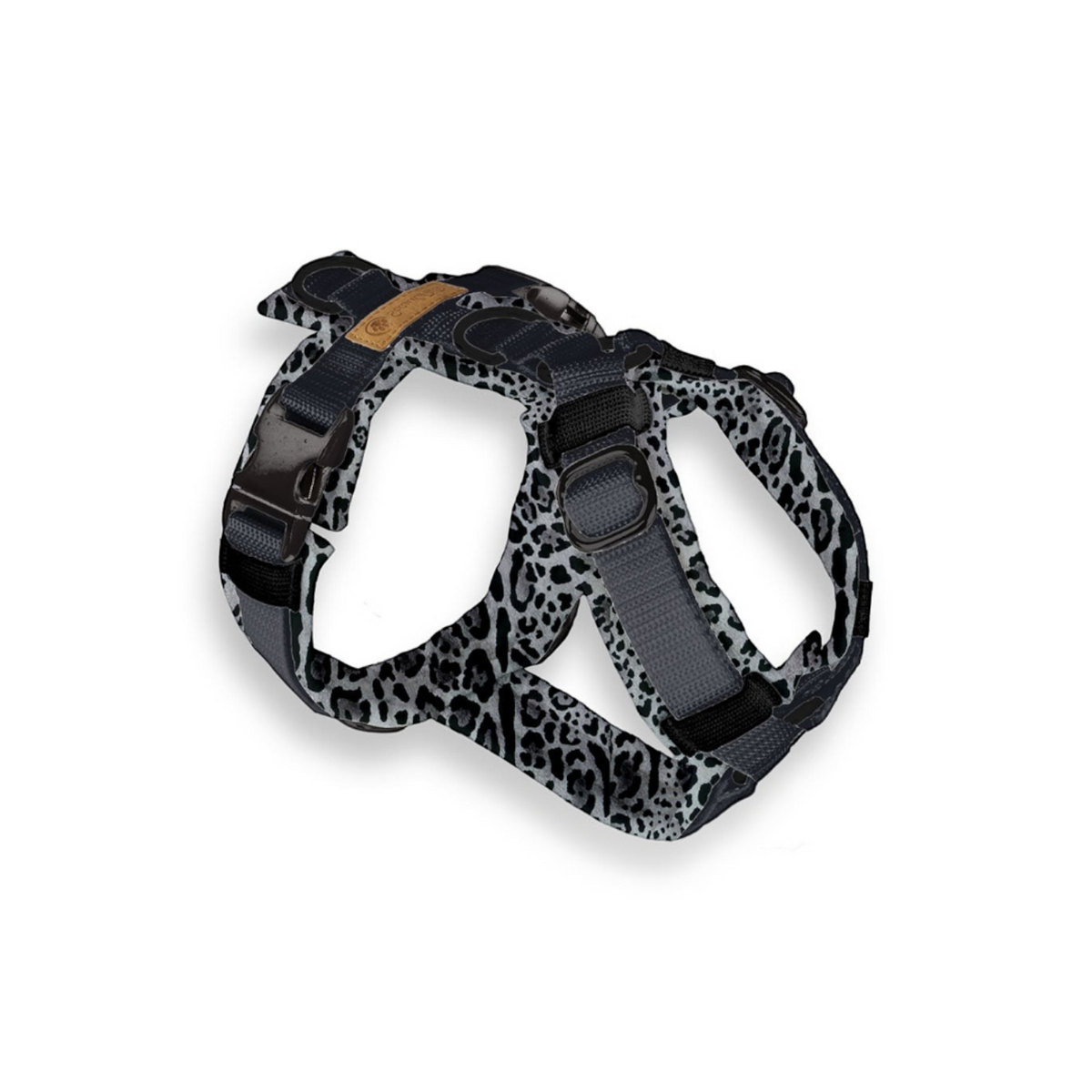 havaneser.shop Softshell Y-Geschirr für Hunde mit grauem Leopardenmuster, anatomischer Schnitt und Metallringen