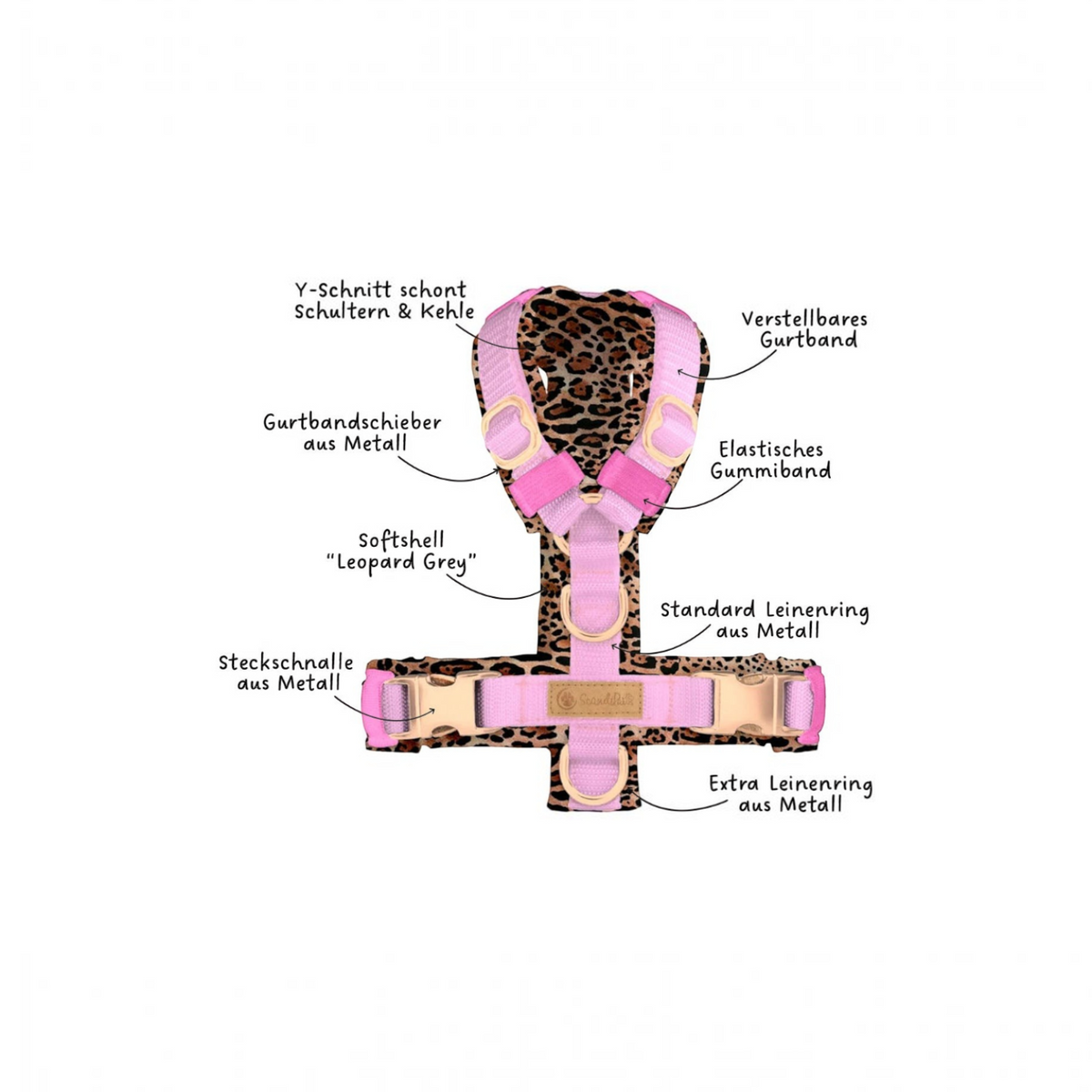 havaneser.shop Softshell Y-Geschirr Wild mit Leopardenmuster, rosa Gurtband und Metallbeschlägen für kleine Hunde