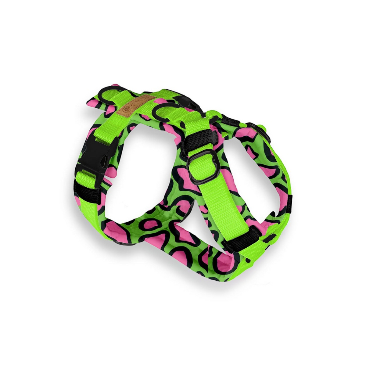 havaneser.shop Softshell Y-Geschirr in buntem Leopardenmuster mit neongrünen und pinken Akzenten für Hunde