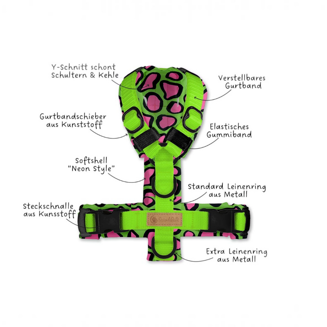 havaneser.shop Softshell Y-Geschirr in buntem Leopardenmuster mit neongrünen und pinken Akzenten für Hunde
