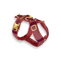 havaneser.shop Softshell Y-Geschirr in Weinrot mit goldenen Metallringen und verstellbarem Gurtband für Hunde