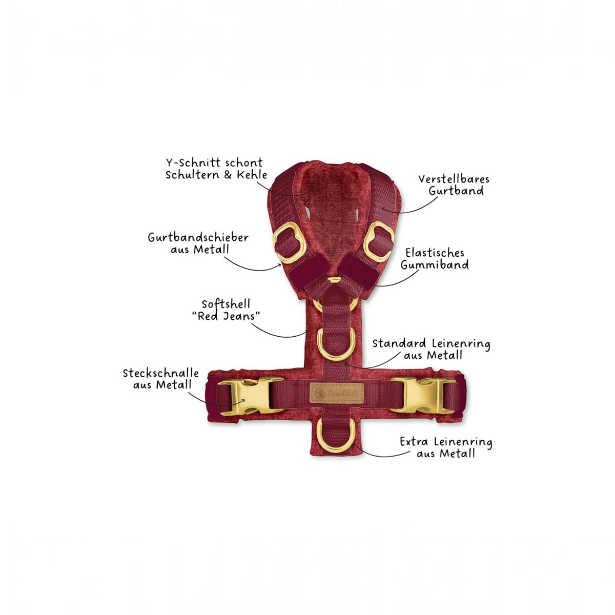 havaneser.shop Softshell Y-Geschirr in Jeans-Rot mit Metallbeschlägen, verstellbarem Gurtband und zwei Leinenringen