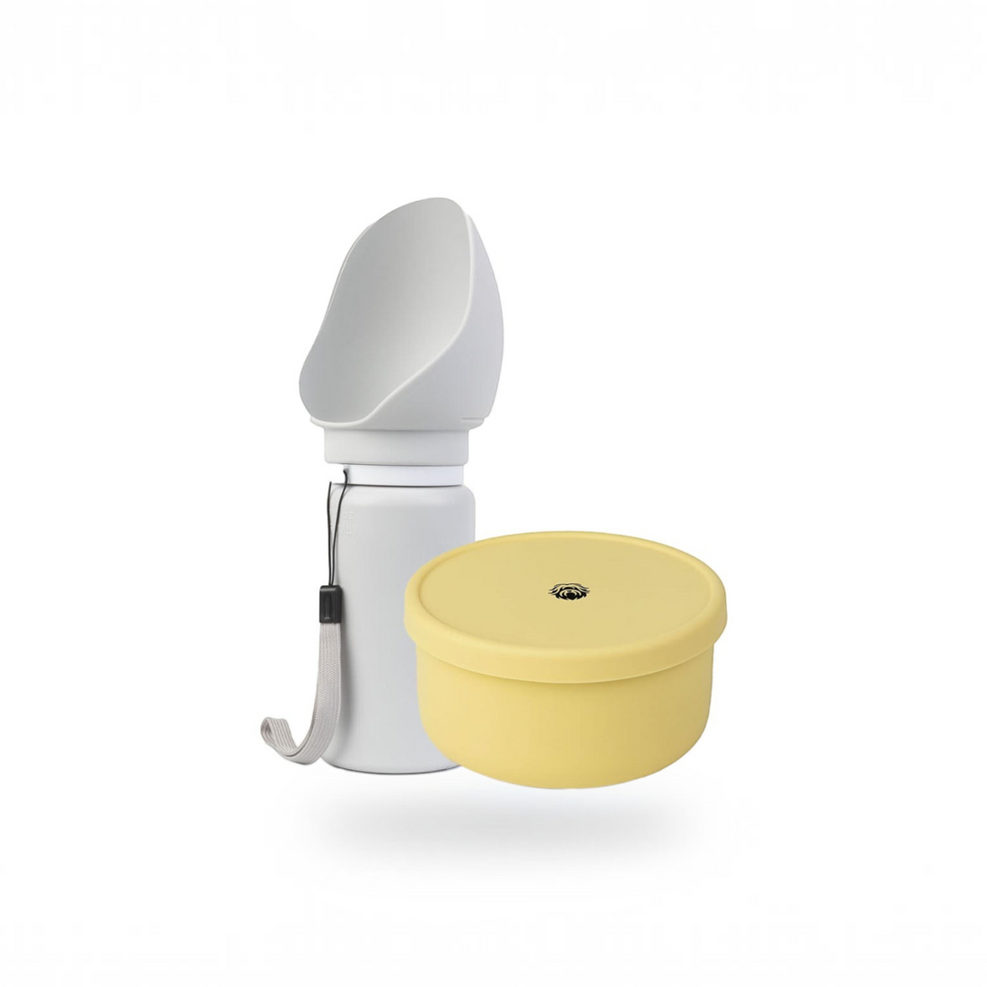 havaneser.shop On-the-Go Duo Set mit weißer faltbarer Trinkflasche und gelber Snackbox für Hunde unterwegs